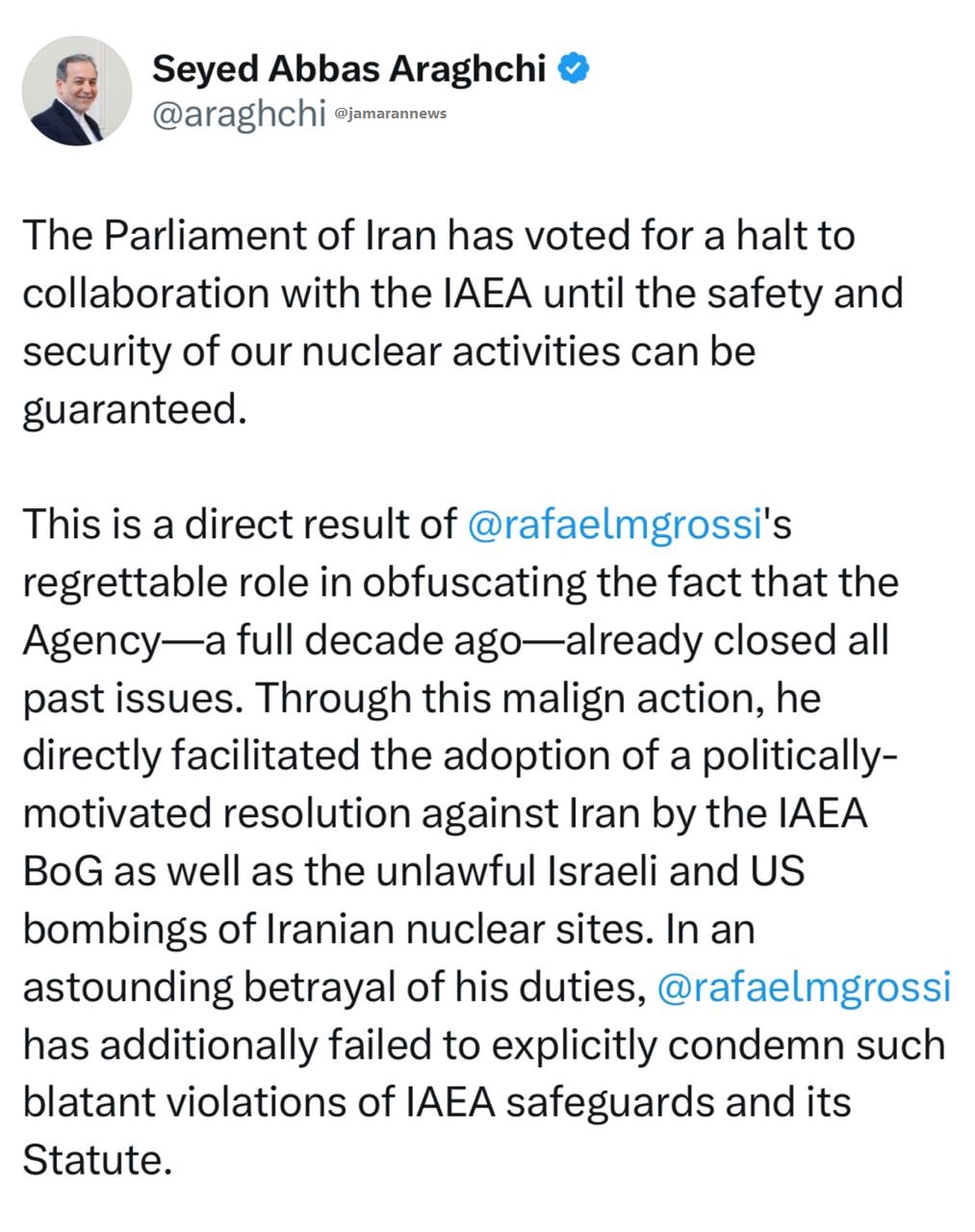 پاسخ عراقچی به گروسی