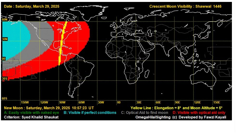 نقشه رویت هلال ماه شوال در غروب روز  شنبه  ۹ فروردین ماه ۱۴۰۴