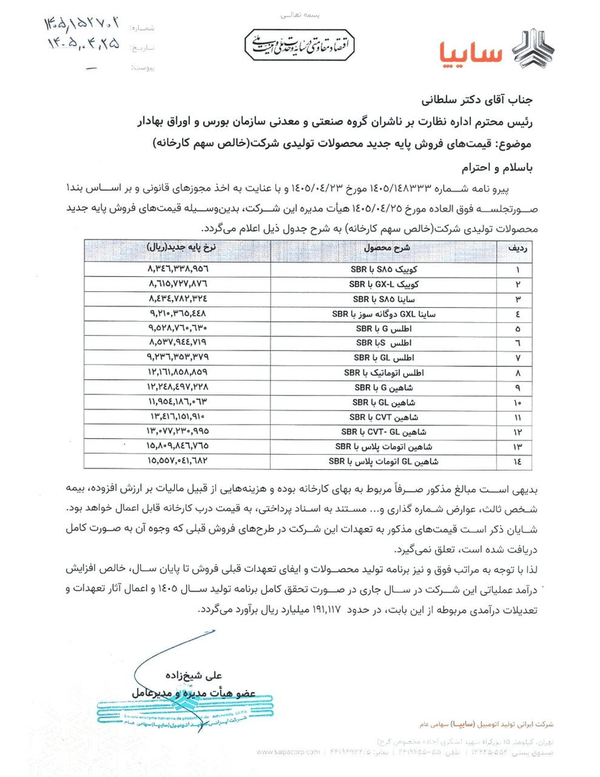 قیمت جدید محصولات سایپا