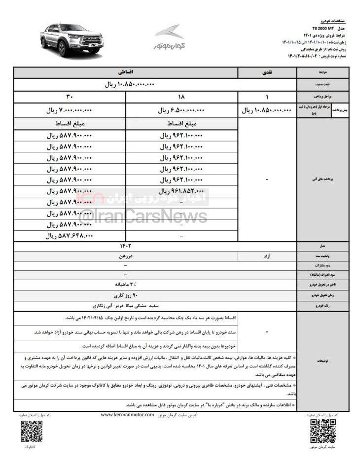 بخشنامه فروش T۸ کرمان‌موتور دی 1401