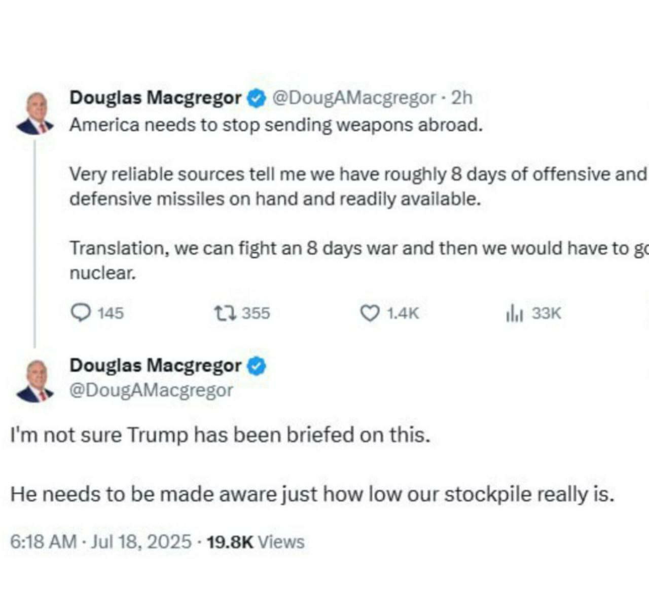 آمریکا تنها برای یک جنگ 8 روزه موشک کافی دارد