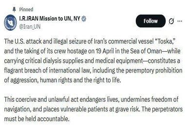 نمایندگی ایران در سازمان ملل: کشتی توسکا حامل لوازم حیاتی پزشکی و دیالیز بود
