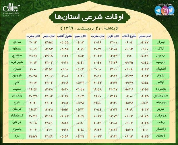 اوقات شرعی تمام مراکز استان‌ها (یکشنبه 21 اردیبهشت)