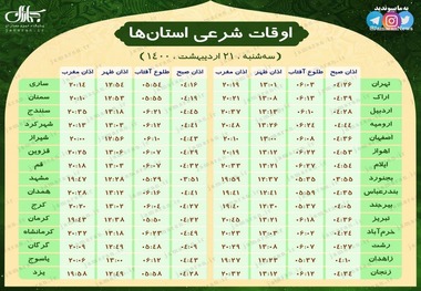 اوقات شرعی استان ها؛ سه شنبه 21 اردیبهشت 1400