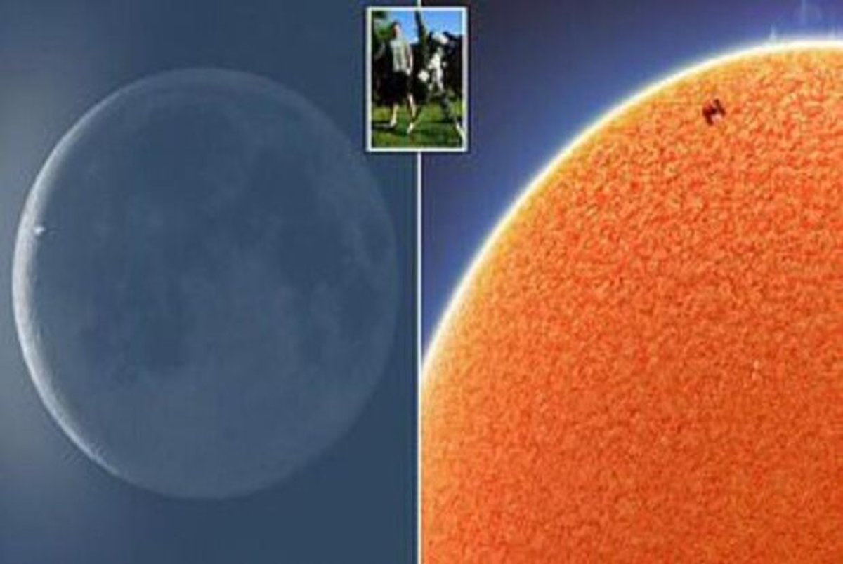 ثبت تصویر ایستگاه فضایی بین المللی با پس زمینه ماه و خورشید