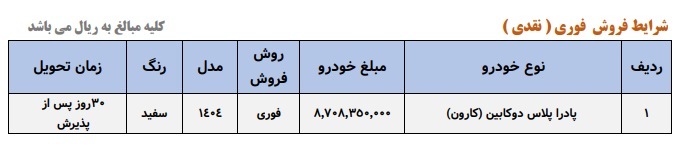 فروش نقدی خودرو کارون شرکت سایپا (فروردین 1404)