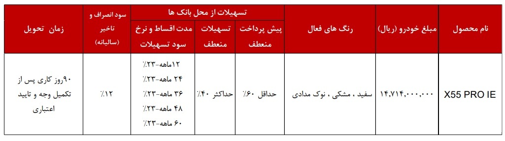 طرح فروش نقد و اقساط ام وی ام X55 (شهریور 1403)