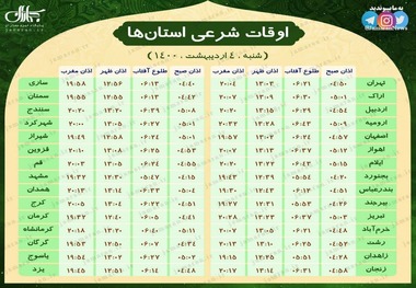اوقات شرعی استان ها؛ شنبه 4 اردیبهشت 1400
