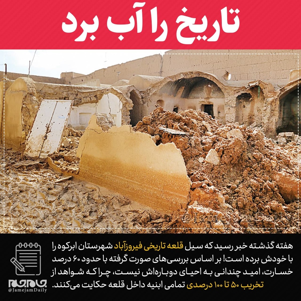 تاریخ را آب برد/ بررسی دلایل تخریب قلعه تاریخی روستای فیروزآباد یزد در جریان سیل اخیر شهرستان ابرکوه
