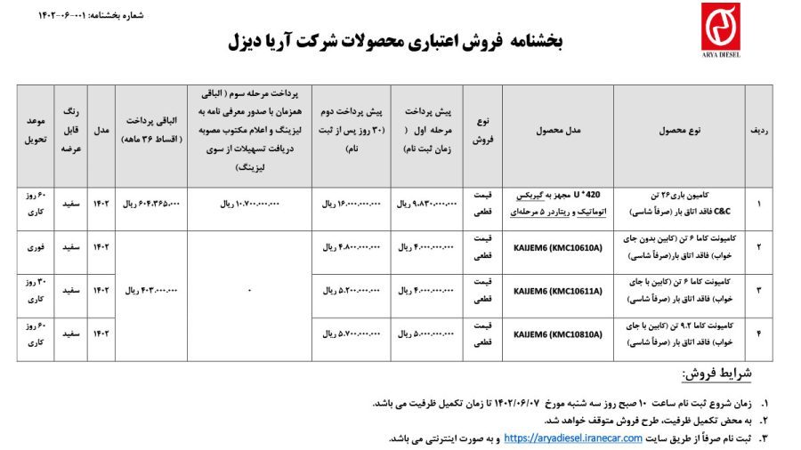 شرایط فروش اقساطی آریا دیزل