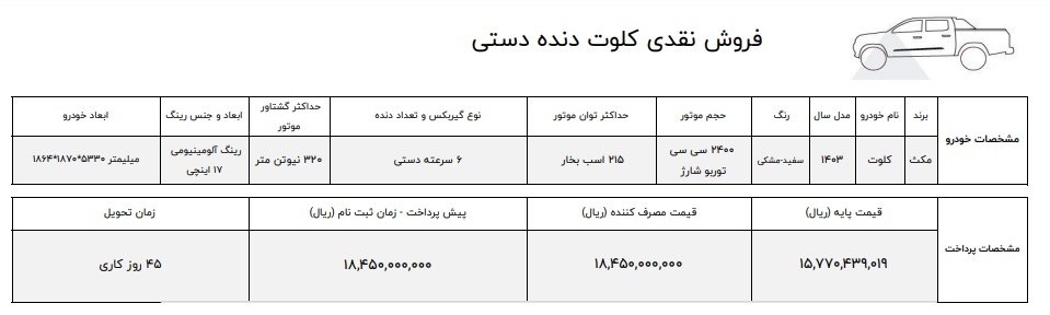 شرایط جدید فروش مکث کلوت دستی با قیمت جدید 