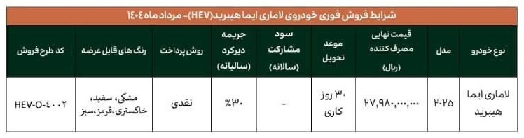 شرایط جدید فروش لاماری ایما هیبرید (مرداد 1404)