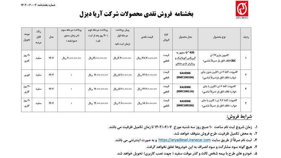 شرایط فروش نقدی آریا دیزل