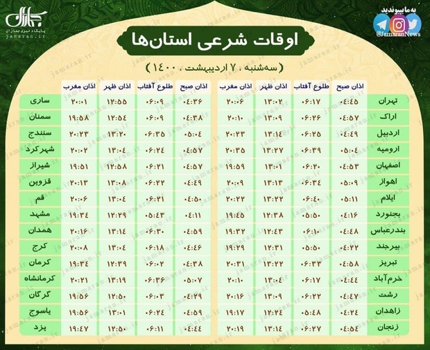 اوقات شرعی استان ها؛ سه شنبه 7 اردیبهشت 1400