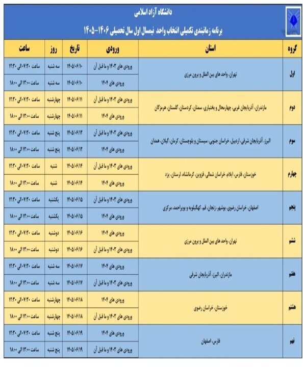 زمان‌بندی تکمیلی انتخاب واحد نیم سال اول دانشگاه آزاد اسلامی اعلام شد