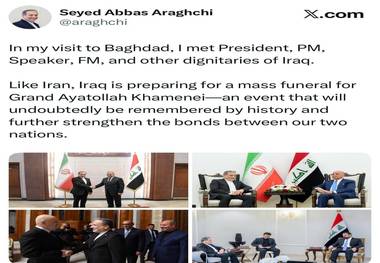 عراقچی: عراق همانند ایران، در حال آماده‌سازی برای برگزاری مراسم تشییع باشکوه حضرت آیت‌الله العظمی خامنه‌ای است