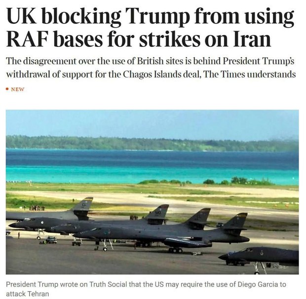 انگلیس به آمریکا اجازه استفاده از دو پایگاه برای حمله احتمالی به ایران را نداد
