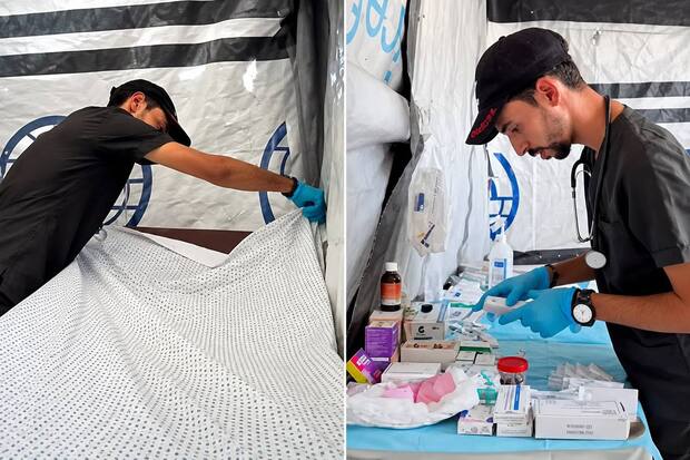 پرستار غزه‌ای در میان آوارها نقطه امدادی رایگان راه‌اندازی کرد + عکس