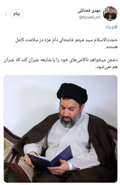 شایعات دربارهٔ سلامتی یکی از فرزندان رهبر شهید انقلاب/ فضائلی: میثم خامنه‌ای در سلامت کامل هستند/ ناکامی‌های شما با شایعه جبران نمی‌شود