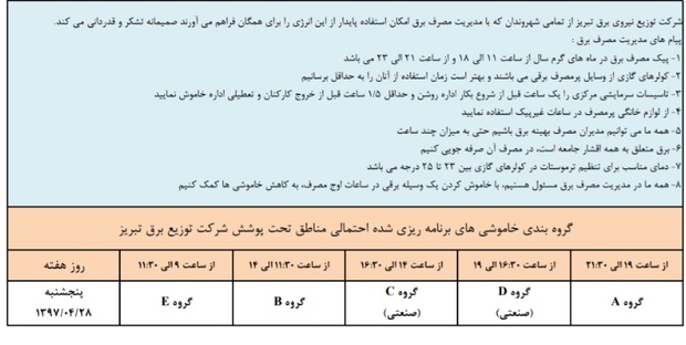 برنامه‎ی خاموشی‎‏های احتمالی روز پنج شنبه در تبریز