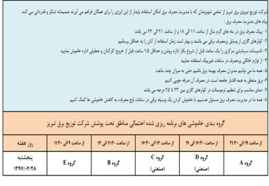 برنامه‎ی خاموشی‎‏های احتمالی روز پنج شنبه در تبریز