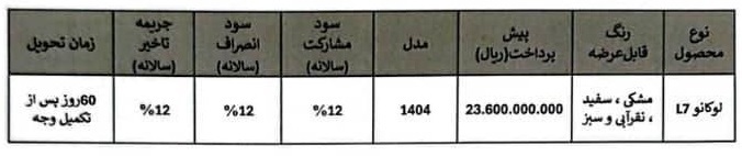 بخشنامه فروش خودرو لوکانو L7 (آذر 1404)