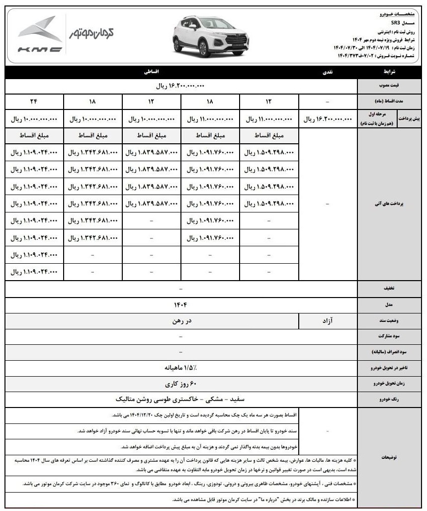 آغاز طرح فروش اقساطی خودرو KMC SR3 با قیمت جدید