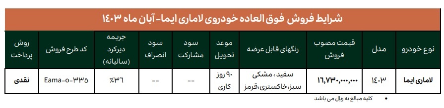 طرح فروش فوری لاماری ایما (آبان 1403)